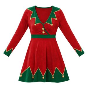 Vestido de elfo navideño para mujer, color rojo y verde, manga larga, cuello en V, falda de línea A, traje de fiesta - Product Image 5
