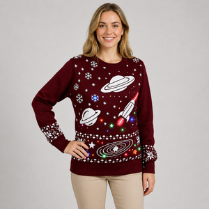 <span class=keywords><strong>Pull</strong></span> <span class=keywords><strong>de</strong></span> <span class=keywords><strong>Noël</strong></span> LED pour <span class=keywords><strong>femme</strong></span> FNJIA, tricot jacquard bordeaux, motif planètes, fusées, flocons <span class=keywords><strong>de</strong></span> neige, <span class=keywords><strong>pull</strong></span> <span class=keywords><strong>lumineux</strong></span> pour les fêtes, personnalisable OEM - Product Image 1