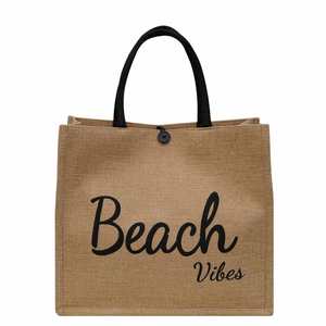 Sac fourre-tout réutilisable en jute pour la plage avec logo personnalisé et poignées noires - Product Image 1