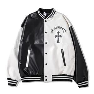 Veste en cuir pu brodée en croix pour hommes, uniforme de baseball, de couleur contrastée, tendance hip-hop, à la mode,