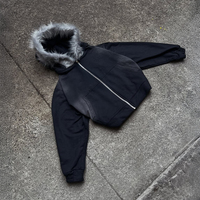 Sweat à capuche court personnalisé avec logo, effet vintage, bordure en fausse fourrure, doublure en molleton 100% coton, style streetwear, fermeture éclair, pour homme
