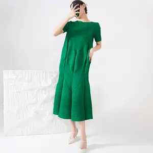 Vestido plissado miyake de design longo, peça feminina casual macia e tamanho grande, para o verão 2022