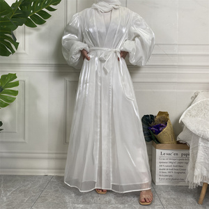 Abaya Abierta de Organza Brillante OEM ODM, Elegante Kaftán Musulmán con Mangas Abullonadas y Cinturón, Abaya Exterior Modesta para Mujer para Festivales (1941) - Product Image 5
