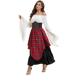 Ensemble haut à manches longues et épaules dénudées pour femme avec jupe midi à taille ceinturée, en mousseline à carreaux, ourlet irrégulier, tenue complète sans étiquette - Product Image 3