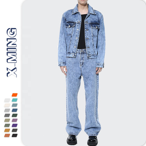 Costume en jean bleu clair vintage pour homme, lavage à l'acide, rétro, coupe droite ample, veste et pantalon en jean, ensemble de <span class=keywords><strong>2</strong></span> pièces, jean délavé pour homme - Product Image 1