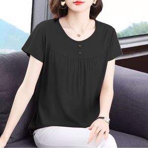 Women's Casual Short Sleeve T-Shirt Maroon Knitted Breathable Round Neck Button-Up Summer Top - Product Image 5
