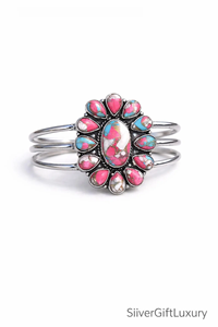 Sterling Silver Turquoise Bangle <b>Boho</b> Floral Cluster Cuff <b>Bracelet</b> Handmade Natural Gemstone Jewelry Artisan Crafted Statement - Product Image 6