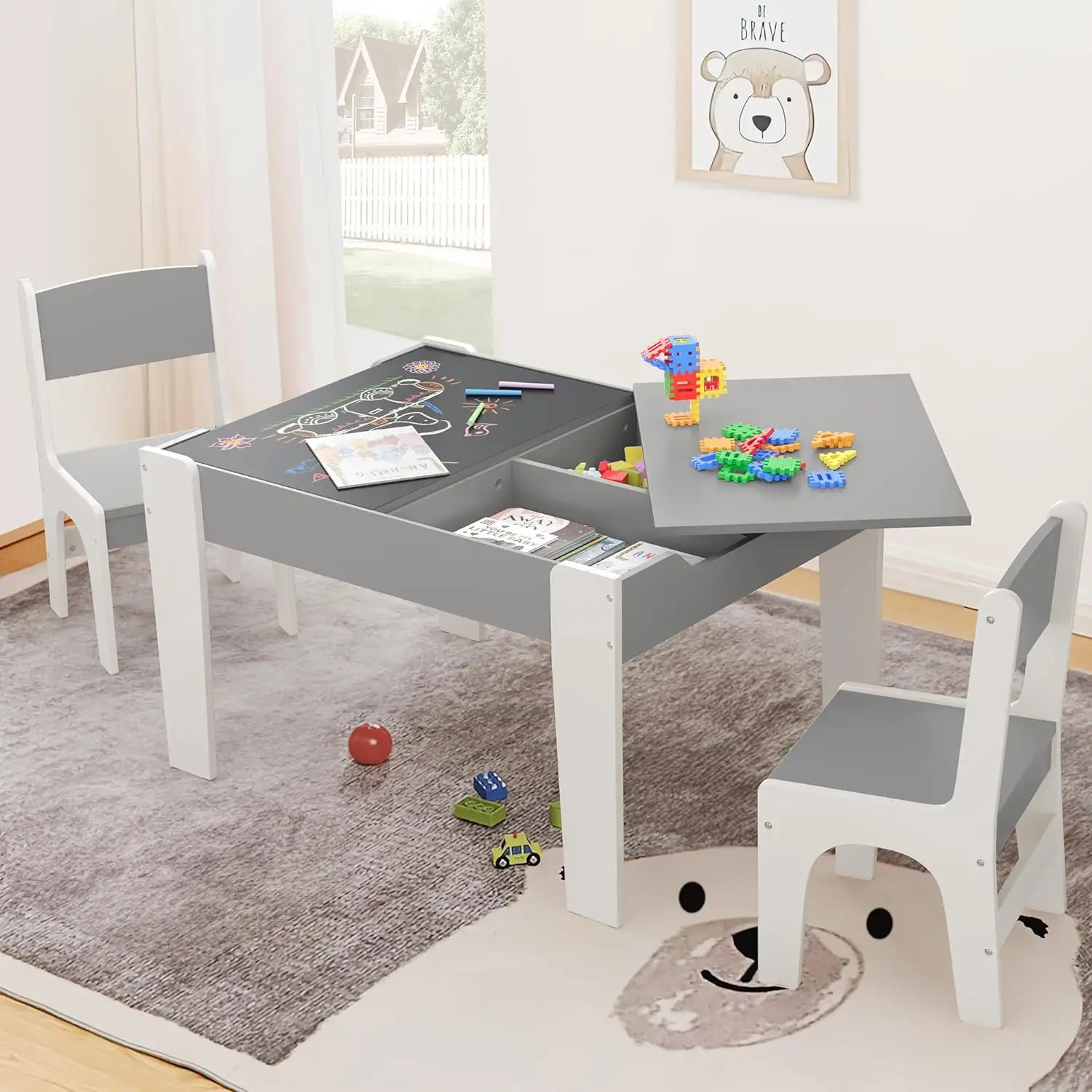 Conjunto multifuncional de mesa e cadeira de brincar para crianças, mesa 4 em 1 com quadro preto removível e armário de armazenamento para jardim de infância