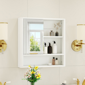 Armoire de salle de bain moderne avec miroir, rangement mural avec étagères ouvertes, armoire à pharmacie étanche avec accents dorés - Product Image 3