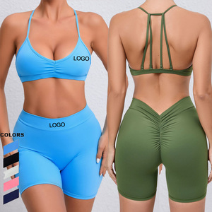 OEM 2pcs women sportswear sets sexy sports bra quick dry V-shaped waist scrunched back yoga biker <b>shorts</b> workout fiess gym set - Product Image 1