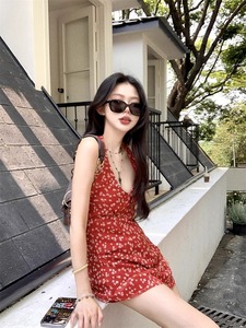 <span class=keywords><strong>Vestido</strong></span> <span class=keywords><strong>corto</strong></span> de chifón <span class=keywords><strong>rojo</strong></span> floral sin espalda para mujer, diseño de falda ajustada de verano con cintura estrecha y corte en A, Bdbh - Product Image 4