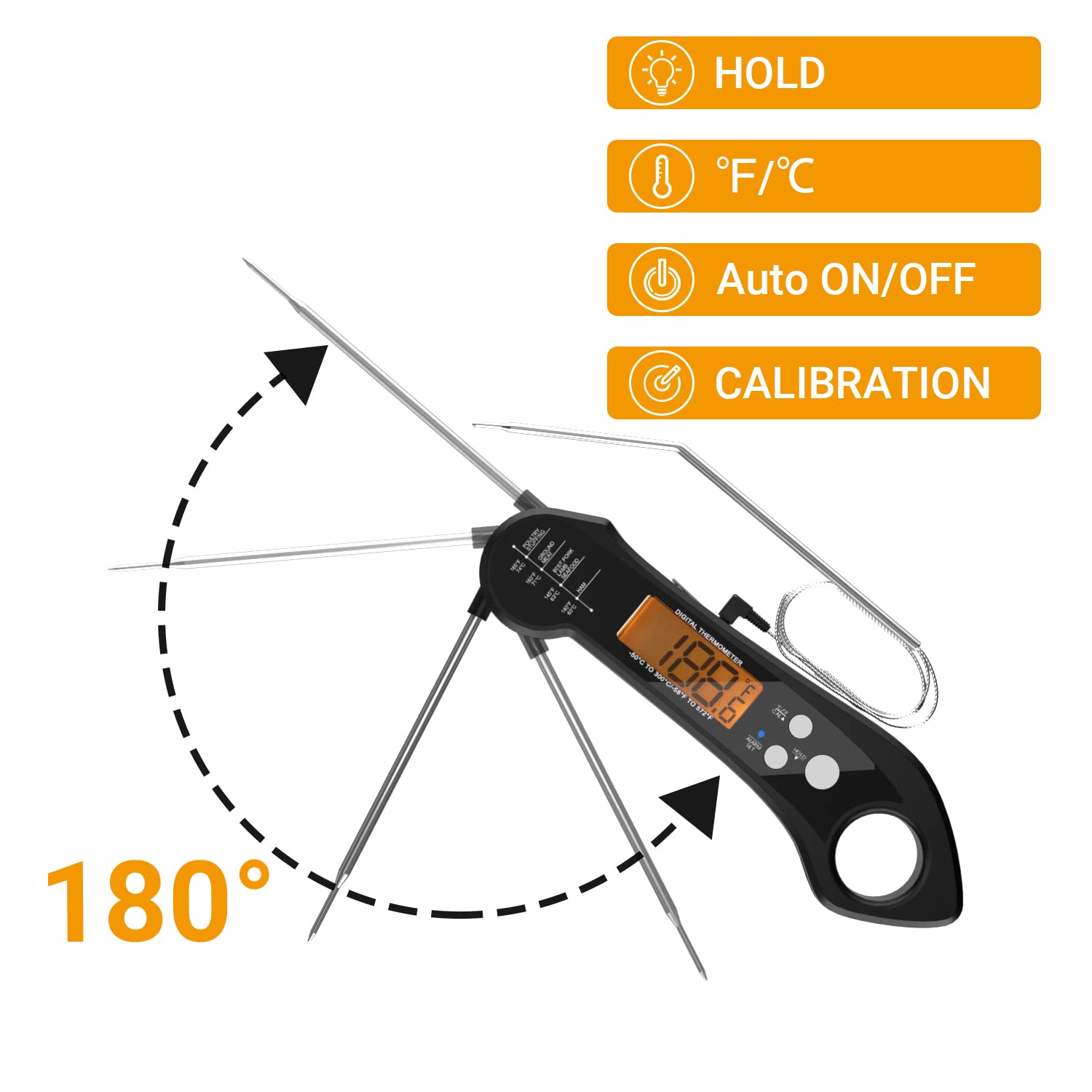 Meat Thermometer Instant Read Oven Safe 2 in 1 Dual Probe Digital Food Thermometer with Alarm Backlight