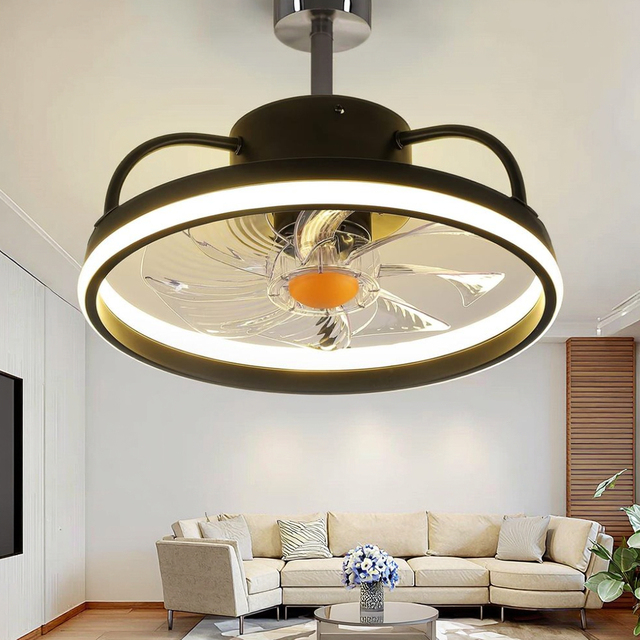 Modern LED Ceiling Fan Light Enclosed Bladeless DC Motor Silent Dimmable Remote Control Iron White Color for Living Room