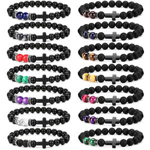 Fenyi all'ingrosso gioielli moda retrò pietra naturale splicing colore nero <span class=keywords><strong>croce</strong></span> perline uomini e donne braccialetto elastico - Product Image 2