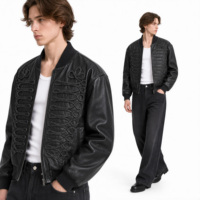 Blouson Bomber en PU pour Homme avec Bordure en Corde Tressée, Fermeture Éclair, Col Montant Côtelé, Manteau d'Hiver Streetwear