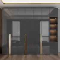 Armoire avec poignées, style minimaliste, chambre à coucher, métal gris laqué, noyer naturel, bouleau