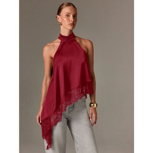 Top de satén sin mangas para mujer con cuello halter, ribete de encaje patchwork, espalda descubierta y diseño de blusa irregular - Product Image 3