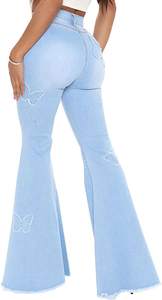 Classique papillon brodé cloche bas <span class=keywords><strong>jean</strong></span> pour femmes bleu clair taille haute ourlet brut mode Flare <span class=keywords><strong>jean</strong></span> - Product Image 3