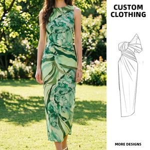 Robe longue élégante verte à imprimé abstrait pour <span class=keywords><strong>femme</strong></span>, sans manches, col montant, grande taille, robe longue personnalisée OEM/ODM, robe chic d'été - Product Image 2