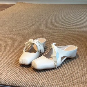 Mules de piel de oveja con punta cuadrada y lazo, sin cordones, con plataforma, para mujer, de verano. - Product Image 1