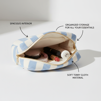 Pochette de toilette portable multi-usage en toile rayée en tissu éponge, grande capacité, avec fermeture éclair, pour maquillage et serviettes – Collection Royal Fair