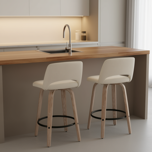 Ensemble de tabourets de bar contemporains Toriano, pivotants, en bois blanchi, tissu crème, repose-pieds en métal noir, 26 pouces - Product Image 2