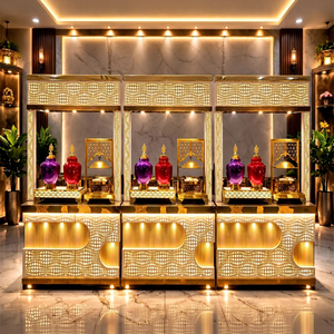 Mostrador de Exhibición para Catering de Bodas con Acabado Dorado, Exclusivo Mostrador de Servicio de Bebidas para Bodas, Estación de Bar para Bodas Indias - Product Image 1