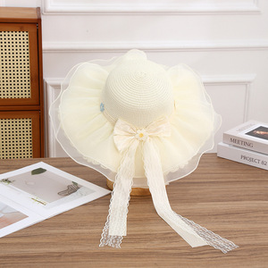 Elegant Women's Straw <b>Floppy</b> <b>Hat</b> With Lace Trim And Bow Ribbon Beach Sun Protection Accessory - Product Image 2