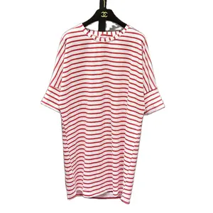 Camiseta solta listrada feminina, estilo coreano, nova, solta, manga curta, simples, vestido, vermelho, branco, listrado