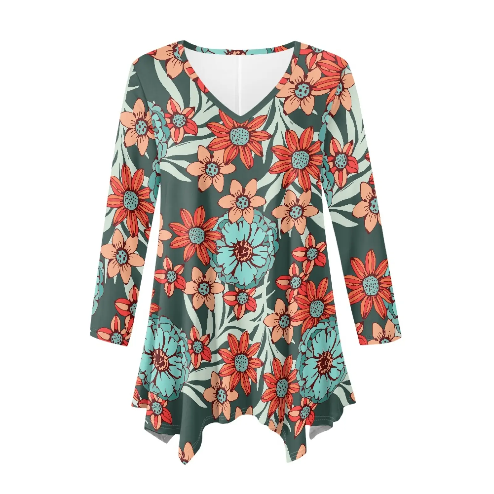 Custom Flower Print Plus Size Tops for Women Tunic Asymmetrical Dress Shirts 3/4 Sleeve V Neck Flowy Ladies Clothes for Leggings
