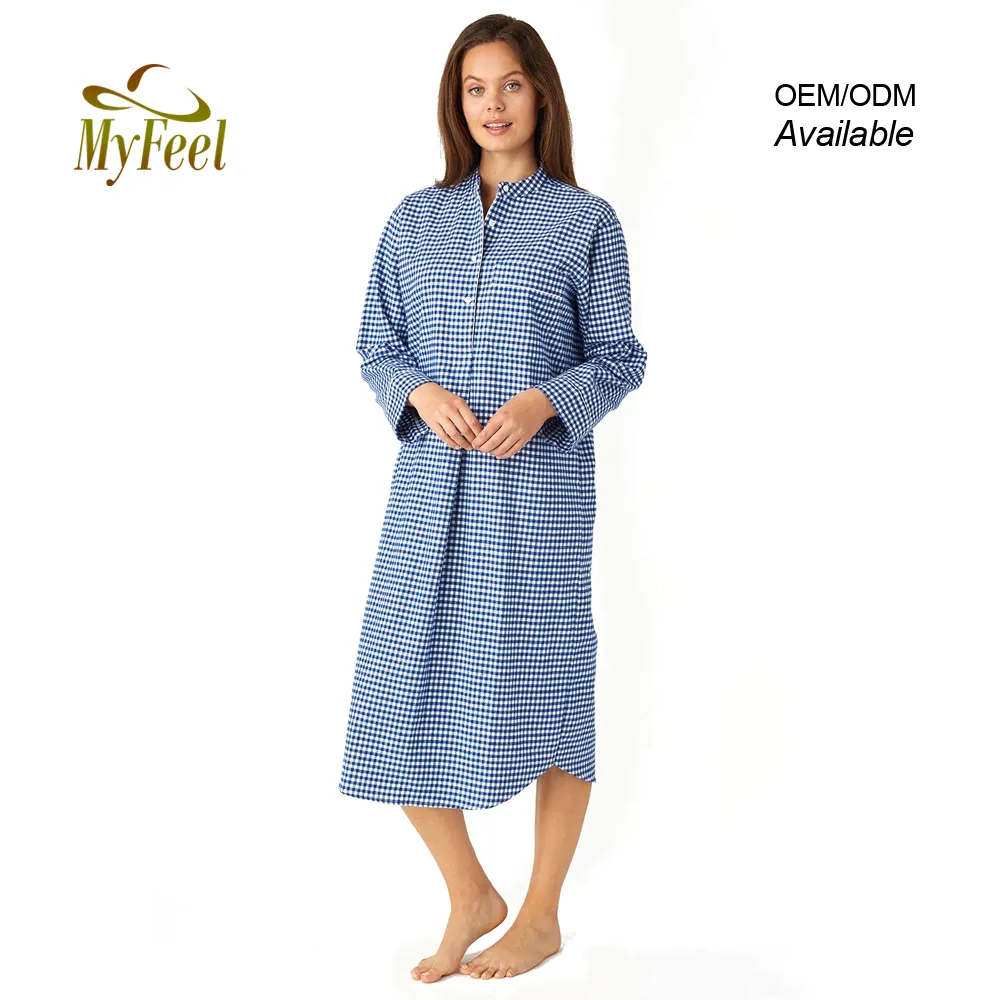 Nachthemd ชุดนอนสำหรับผู้หญิง,เสื้อใส่นอนแขนยาวลายสก็อตสีน้ำเงินมีกระเป๋า
