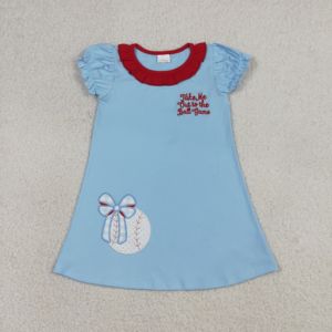 GSSO3245 rts Ensemble pour petite fille active, bleu, avec nœuds de baseball, broderie sur le thème du jeu de la balle, manches à volants, vente en gros pour enfants - Product Image 2