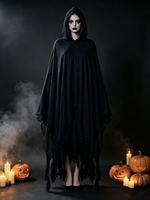 Cape de déguisement noire à capuche effet usé, en tissu de lin ample, pour Halloween, sorcier, dévoreur d'âmes, pour adultes hommes et femmes, cosplay d'horreur