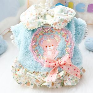 Floral Print Fleece <b>Dog</b> Dress With Bow Winter Autumn <b>Small</b> <b>Dog</b> Teddy Pet <b>Clothes</b> - Product Image 2