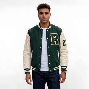 Chaqueta Varsity Unisex Verde con Letra R, Cierre de Botones, Bolsillo Frontal Bordado, Corte Regular, Estilo Urbano, Ropa de Invierno 3D - Product Image 1