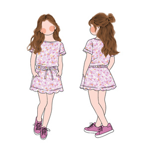 Conjunto de 2 Piezas para Niñas, Blusa de Manga Corta con Estampado Floral y Falda con Bolsillo y Dobladillo Festoneado, Atuendo Moderno - Product Image 5