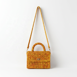 Crochet Raffia Women's Shoulder <b>Bag</b> Lock Closure Vintage Bohemian Summer Hollow Pattern Two Handles Adjustable <b>Strap</b> Yellow - Product Image 1