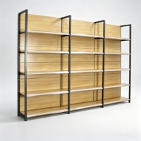 Staal-houten multi-laagse display- en opbergsysteem voor supermarkt, keuken, schoenen, kleding en jassen.