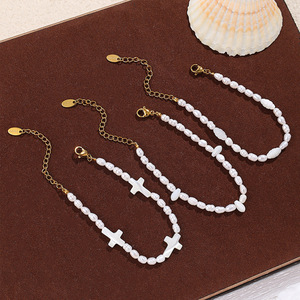 Freshwater Pearl Necklace <b>Set</b> With Cross Pendant Imitation Pearl Women's Fashion Jewelry Stainless Steel 18K Gold Plated - Product Image 3