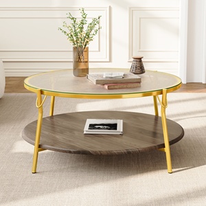 Tavolino da Caffè Moderno Rotondo in Noce a 2 Livelli con Piano in Vetro e Base Dorata per Soggiorno 29.9 - Product Image 2
