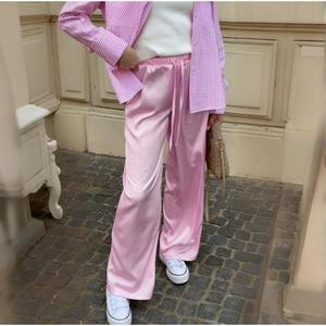 Pantalon évasé en satin pour femme, taille haute, micro-élastique, décontracté, rose - Product Image 1