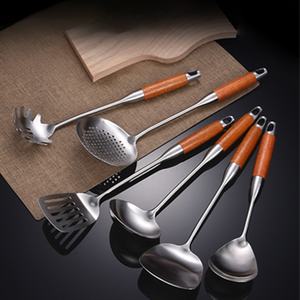 طقم أواني مطبخ من 6 قطع عالية الجودة من الفولاذ المقاوم للصدأ بمقبض من خشب الورد غسالة صحون مقاومة للحرارة آمنة للاستخدام على المدى الطويل - Product Image 2