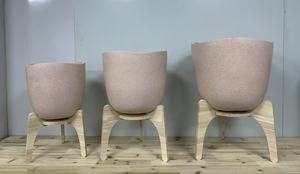 Modern Ceramic <b>Flower</b> <b>Pots</b> with Wood Stands Glazed Blue Indoor Planters Set of 3 Minimalist Design - Product Image 4