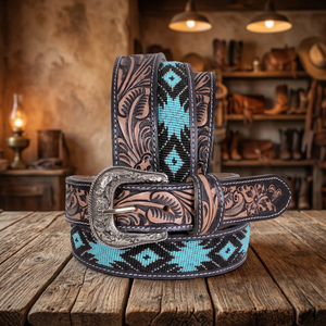 Premium <b>Western</b> Embroidered <b>Belt</b> With Turquoise Beaded Pattern Silver Alloy Buckle Casual Durable Handcrafted Leather <b>Belt</b> - Product Image 5