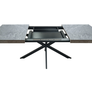 FCJ tavolo da pranzo rettangolare retrò con piano in pietra grigio scuro nero sabbia Fine croce in ferro Base piede in rilievo nero piatto scatola di immagazzinaggio