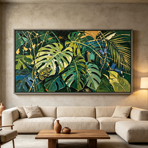 <span class=keywords><strong>Peinture</strong></span> Impasto Sculptée à la Main, Feuillage de Jungle Exuberant, Papillon Morpho Bleu Caméléon, Design Art Déco, Cadre Bleu, Hôtel Tropical - Product Image 3