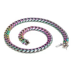 hip hop chain jewelry 12mm 24'' rainbow color plating stainless steel cuban link multicolor
