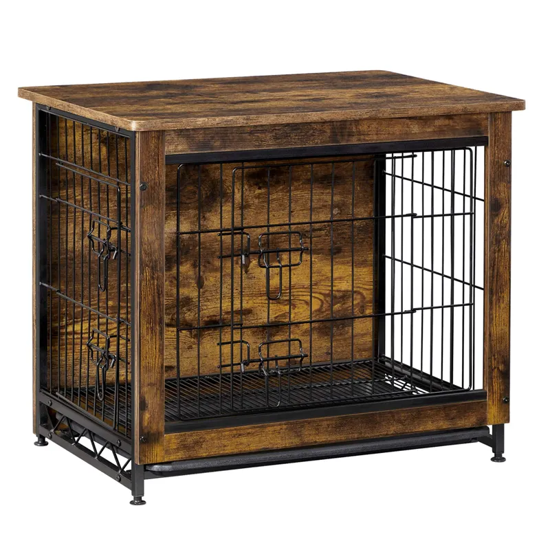 Indoor Pet Crate End Table Brown Chew-proof Dog Furniture Double Door Wooden Dog Cage with Tray