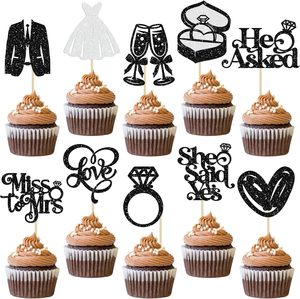 Décorations de cupcakes « <span class=keywords><strong>Elle</strong></span> a dit oui, il a demandé» avec anneau de diamant scintillant, « Je t'aime » pour la future mariée, pour la fête prénuptiale et la décoration de mariage - Product Image 1
