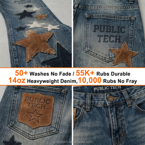 Pantalones vaqueros de hombre de corte y confección personalizados, estilo hip hop, con parche de cuero bordado, lavado a la piedra, efecto monkey wash, apilados, de mezclilla gruesa y corte acampanado - Product Image 2